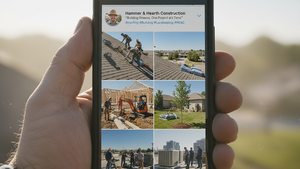 Close-up view of a smartphone screen showing a contractor’s social media profile with project photos