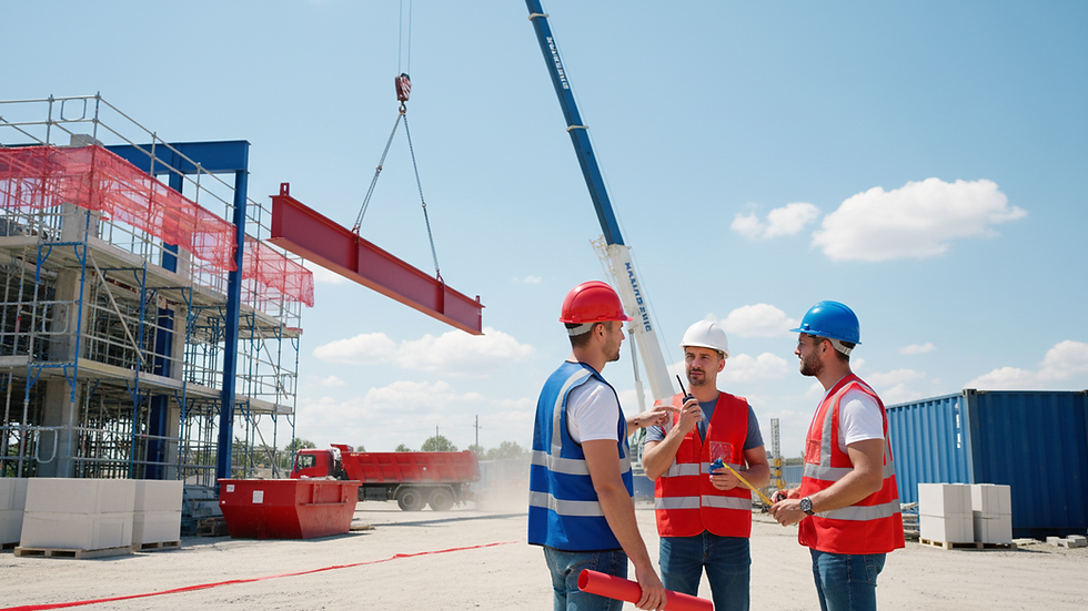 Eye-level view of a construction site with workers coordinating tasks