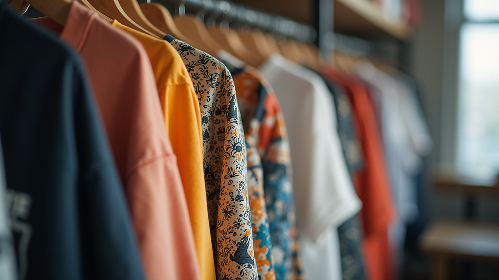 Eye-level view of an array of printed fabrics and t-shirt designs