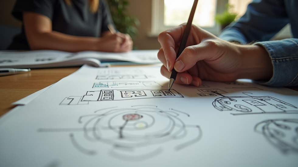 Eye-level view of a designer sketching creative ideas on paper