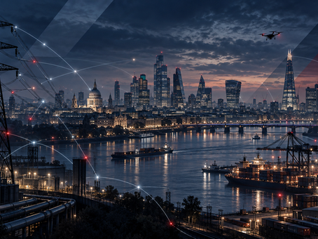 AI-generated illustration of London’s skyline, power infrastructure and port at dusk, linked by glowing network lines beneath a drone.