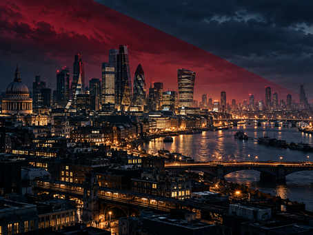 Editorial illustration of London and critical infrastructure beneath a dark sky, symbolising geopolitical threats and UK national resilience