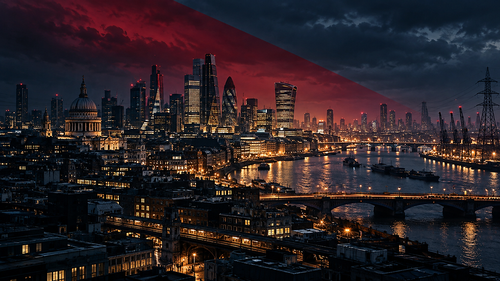 Editorial illustration of London and critical infrastructure beneath a dark sky, symbolising geopolitical threats and UK national resilience