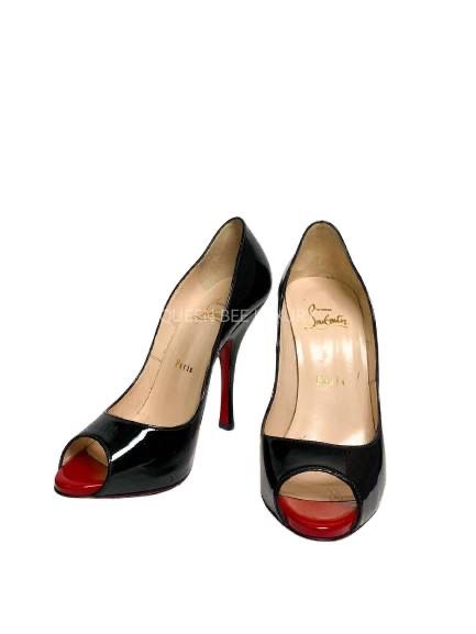 Louboutin Flo Peep Toe Pumps Black Patent Size 37.5