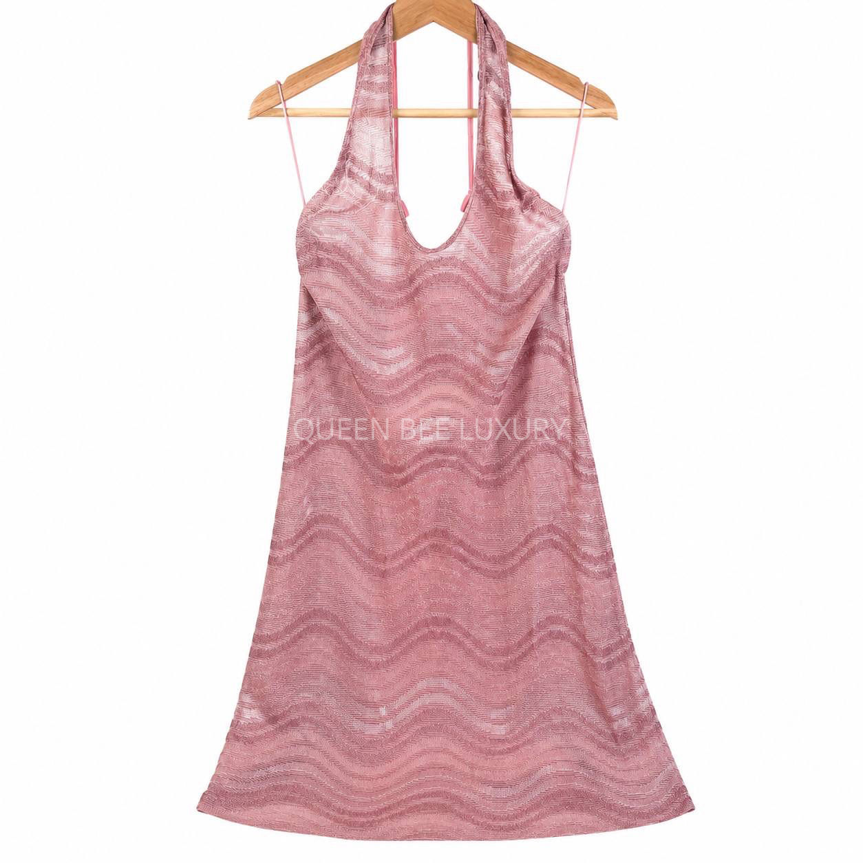 Missoni Halterneck Knit Mini Dress Pink Metallic Wave Pattern Size XS