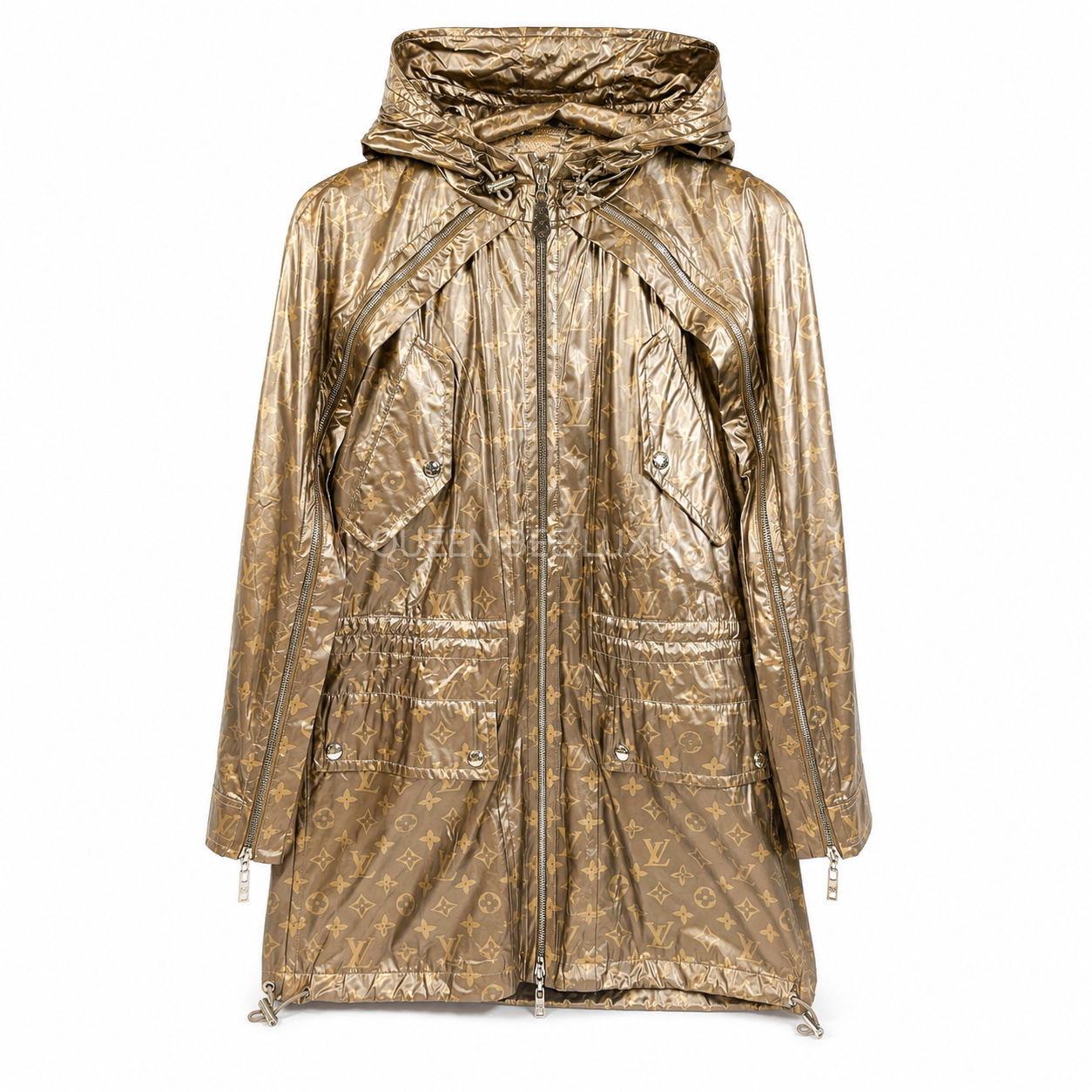LV Gold Metallic Monogram Cinched Waist Hoodie Parka Jacket Size 32