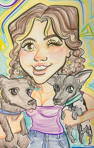 Caricature of Jordan and her dogs, winking 