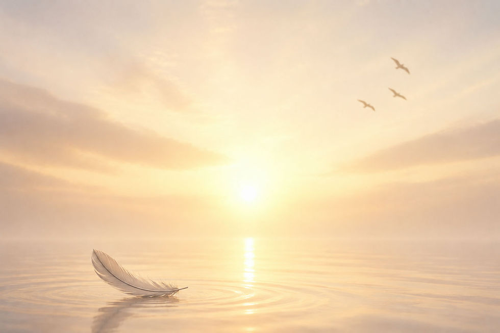 Inspirierendes Zitat auf sanftem Sonnenuntergang über ruhigem Wasser mit einer weißen Feder: „Ich dachte, ich hätte sie verloren. Dann hatte ich diesen Traum …“ – emotionale Stimmung von Hoffnung, Erinnerung und innerem Frieden.