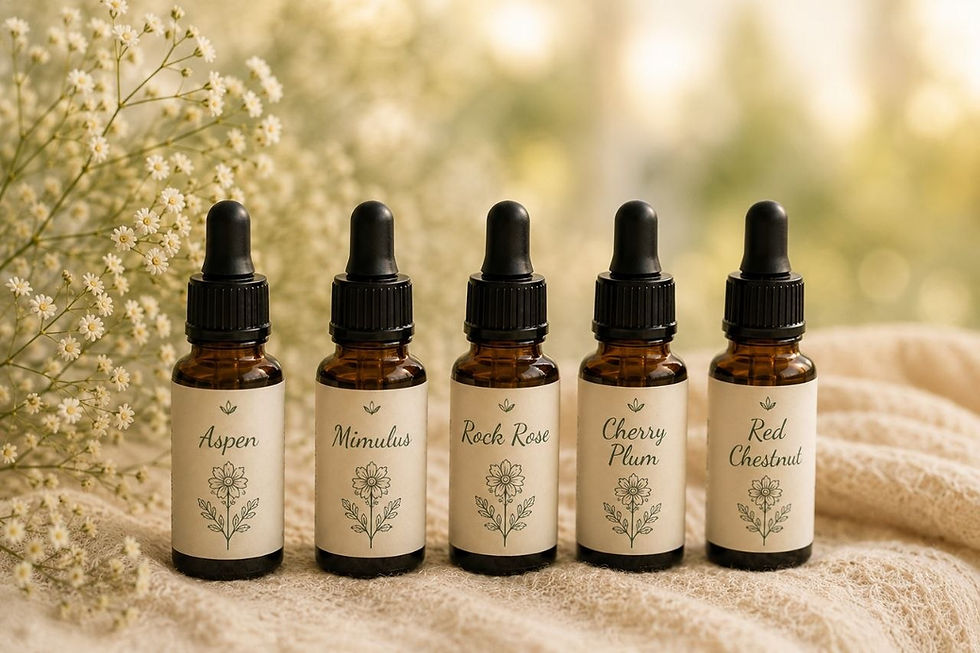 Fünf Pipettenfläschchen mit Bachblütenessenzen bei Angst: Aspen, Mimulus, Rock Rose, Cherry Plum und Red Chestnut vor weißen Blüten.