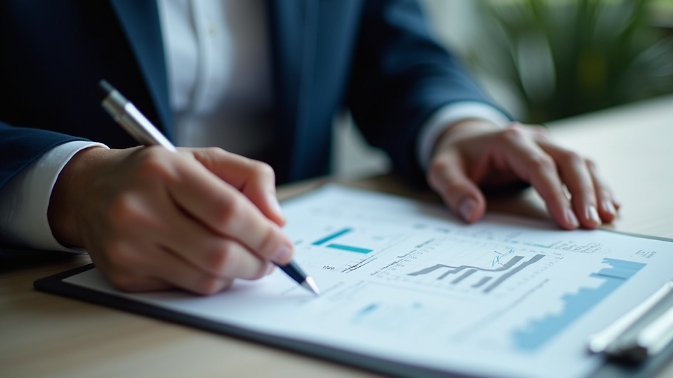 High angle view of a compliance officer reviewing trade documents