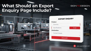Industrial factory with machines and an Export Enquiry form overlay; text reads What Should an Export Enquiry Page Include?