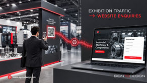 Exhibition Traffic into Website Enquiries: Man in suit scans a QR code at an industrial expo booth beside a laptop showing a website enquiry form.