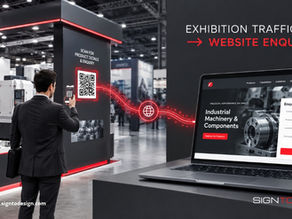 Exhibition Traffic into Website Enquiries: Man in suit scans a QR code at an industrial expo booth beside a laptop showing a website enquiry form.