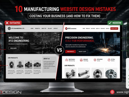 Manufacturing Website Design comparison showing an outdated industrial website versus a modern, SEO-optimized, fast-loading website.