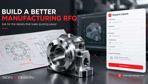 Industrial RFQ ad with metal machined part, blueprint, and quote form on screen; text: Build a Better Manufacturing RFQ, Request a Quote