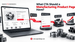 Laptop product page for machined parts, with a red CTA flow to enquiry form, sales team, and growth chart; title asks What CTA Should a Manufacturing Product Page Have?