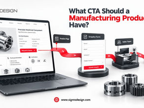 Laptop product page for machined parts, with a red CTA flow to enquiry form, sales team, and growth chart; title asks What CTA Should a Manufacturing Product Page Have?