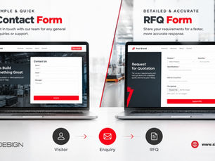 Two laptops show Contact Form and RFQ Form in a factory-themed ad, with Visitor→Enquiry→RFQ icons.