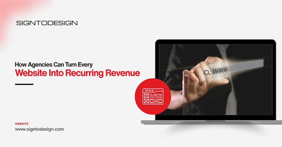 Recurring revenue for agencies concept with laptop, website search bar and digital interface highlighting scalable web income strategies.