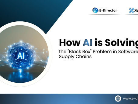 AI concept graphic illustrating the black box problem in software supply chains, with digital network sphere and technology branding