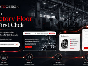 Manufacturing website optimization graphic showing a factory, search, website and B2B enquiry journey.