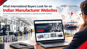Businessman in a factory promo image reviews a laptop; text reads What International Buyers Look for on Indian Manufacturer Websites.