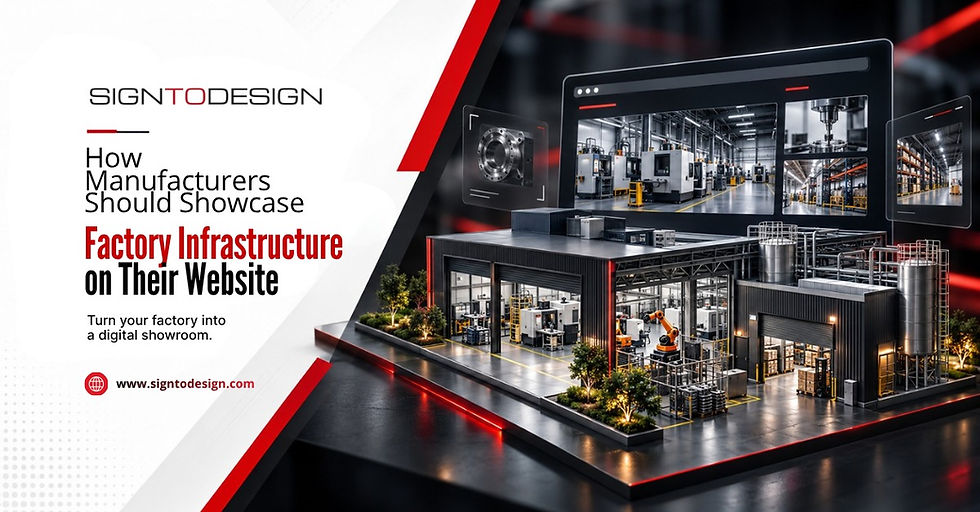 SIGNTODESIGN promo showing a digital factory model and website screens, with headline about showcasing factory infrastructure.