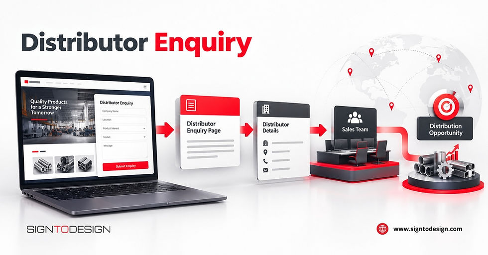 Distributor Enquiry graphic with laptop form, arrows to enquiry page, sales team, and distribution opportunity on a globe map.