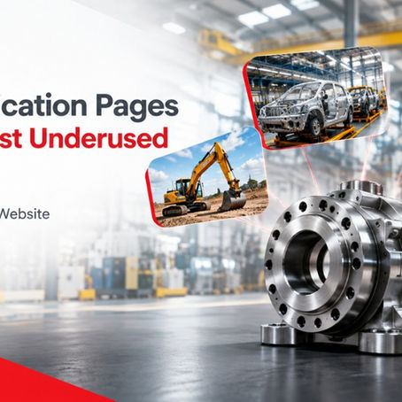 Industrial promo banner with metal pump, factory scenes, and excavator; text reads Why Application Pages Are the Most Underused Asset