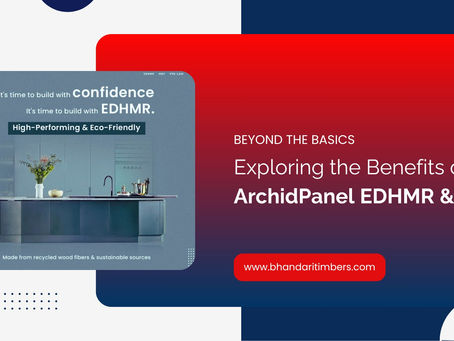 Promotional graphic highlighting the benefits of ArchidPanel EDHMR & MDF, featuring a modern kitchen and eco-friendly message.