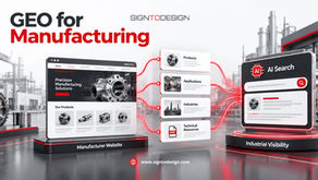 GEO for Manufacturing infographic with factory website dashboard linked to products, applications, industries and AI search.