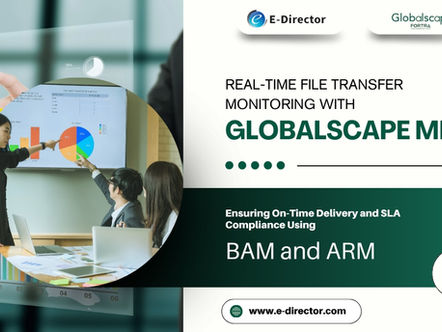 Business team analyzing data charts on screen with text about real-time file transfer monitoring using Globalscape MFT.