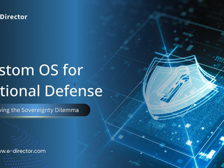 Cybersecurity illustration highlighting custom OS for national defense with digital shield protection and secure systems.