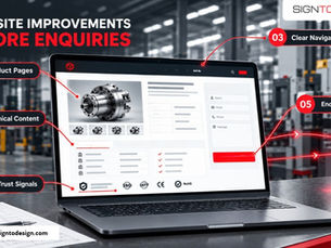 Manufacturing Website Improvements shown on a laptop displaying a factory website mockup with five red callouts for increasing enquiries and SIGNTODESIGN branding.