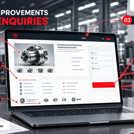 Manufacturing Website Improvements shown on a laptop displaying a factory website mockup with five red callouts for increasing enquiries and SIGNTODESIGN branding.