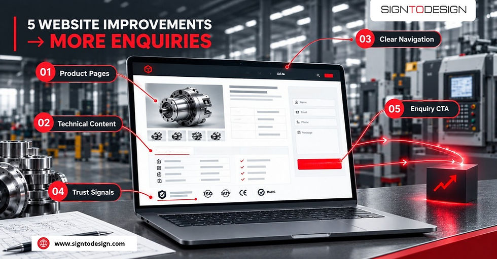 Manufacturing Website Improvements shown on a laptop displaying a factory website mockup with five red callouts for increasing enquiries and SIGNTODESIGN branding.