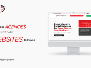 Graphic showing Why Most Agencies Should NOT Build Websites In-House with a SigntoDesign website preview on a desktop screen.