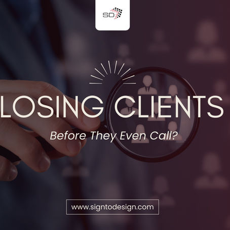 Businessman holding magnifying glass over icons with text "Losing Clients Before They Even Call?" — website maintenance for small business owners.