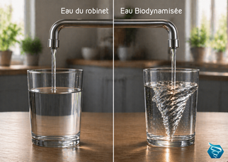 Différence entre l'eau du robinet et l'eau du Biodynamizer, chargée de Biophotons, c'est-à-dire de lumière et beaucoup plus agréable à boire.