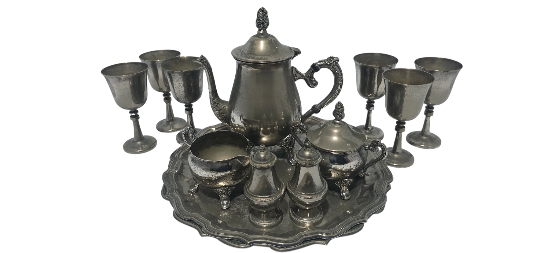 Vintage Raeleigh Silver Plated Tea Set and 6 Silver Plated Goblets – 14 Pieces