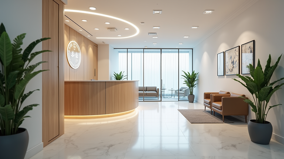 Eye-level view of a modern hormone therapy clinic reception area