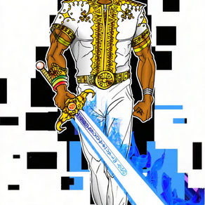 Mekonnen warrior walking forward with flaming Sword in hand.