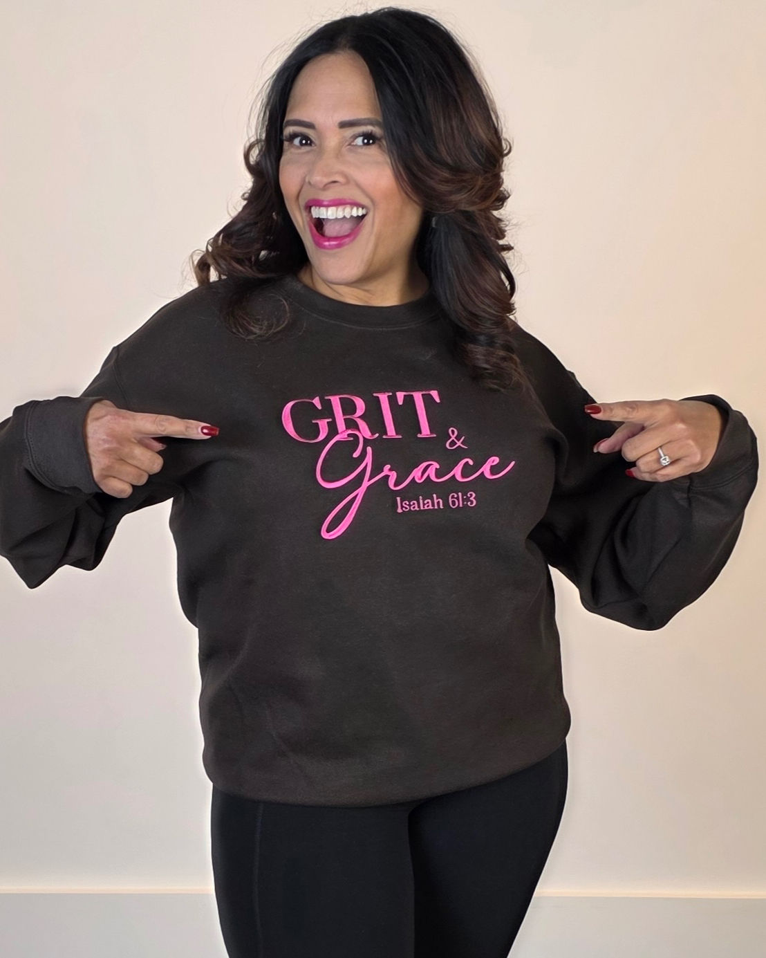 GRIT & GRACE SWEATSHIRT — Brown with Hot Pink Lettering (Isaiah 61:3)