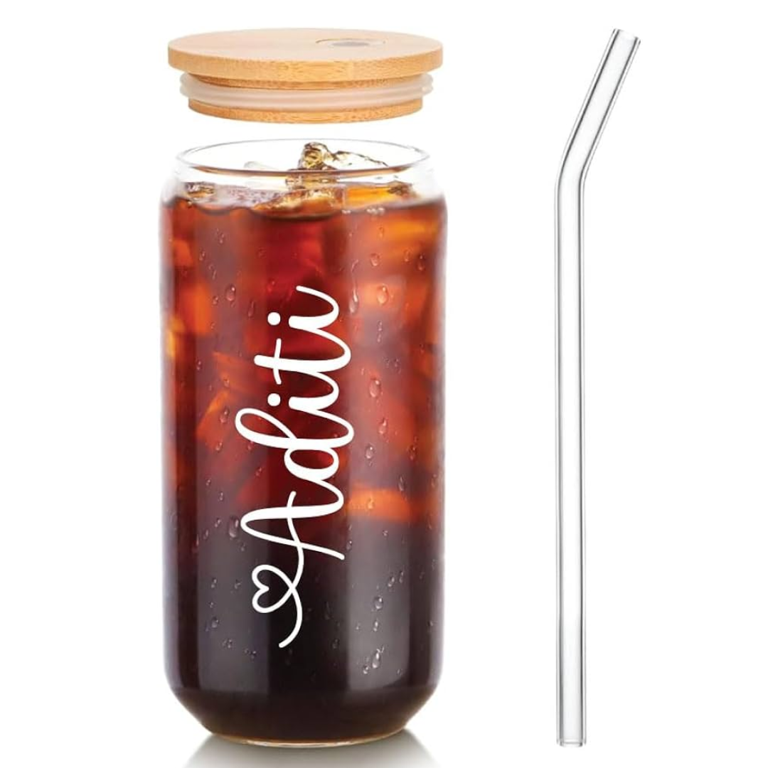 Canister glass with bamboo lid & straw - personalised
