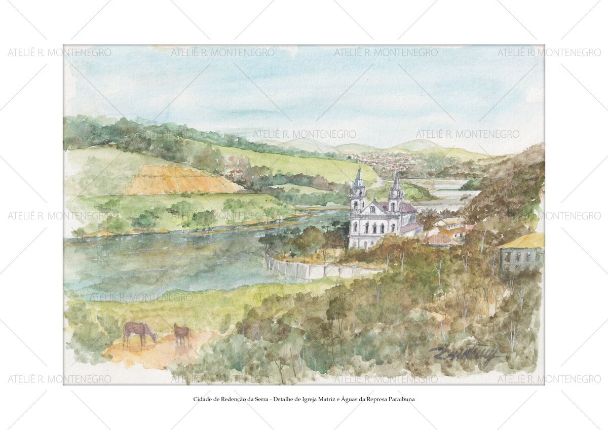 Detalhe de Igreja Matriz e Águas da Represa Paraibuna - Redenção da Serra