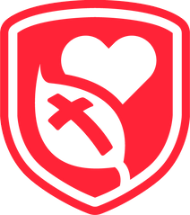Red shield logo with black heart, leaf, and cross