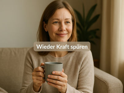 Ruhige Frau mit Tasse Tee auf dem Sofa lächelt sanft – Symbol für Erholung, innere Ruhe und neue Energie bei ständiger Müdigkeit.