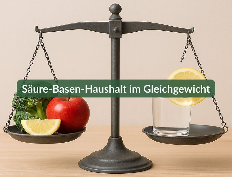 Waage mit frischem Gemüse, Obst und einem Glas Zitronenwasser – Symbol für Balance im Säure-Basen-Haushalt.