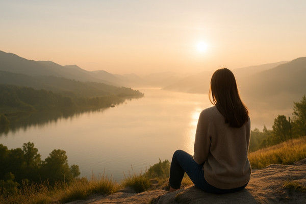 Frau sitzt auf einem Felsen und blickt bei Sonnenaufgang über einen ruhigen See und sanfte Hügel – Symbol für Klarheit, Energie und innere Ruhe.