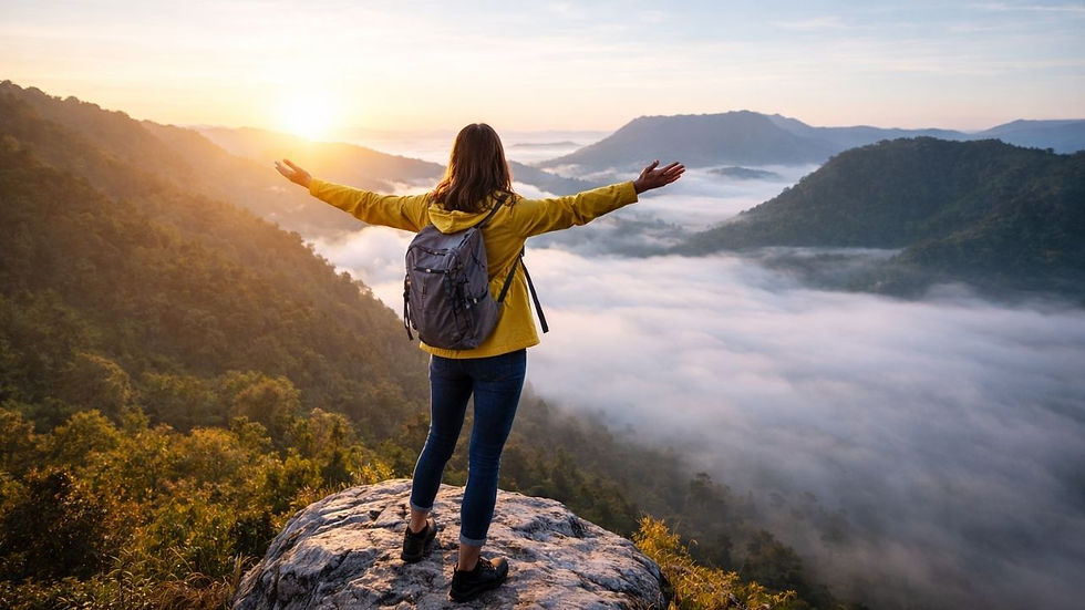 Person steht auf Berggipfel bei Sonnenaufgang als Symbol für Mut und Ängste überwinden